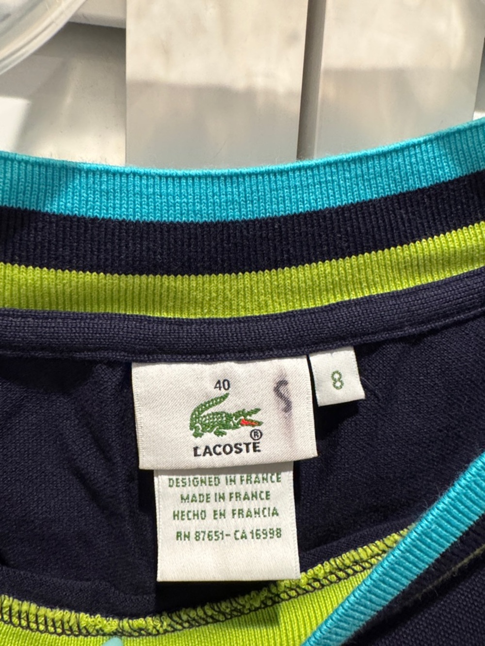 Lacoste Navy 3/4 Sleeve Top with Bright Blue and Lime Trim - Picture 4 of 8